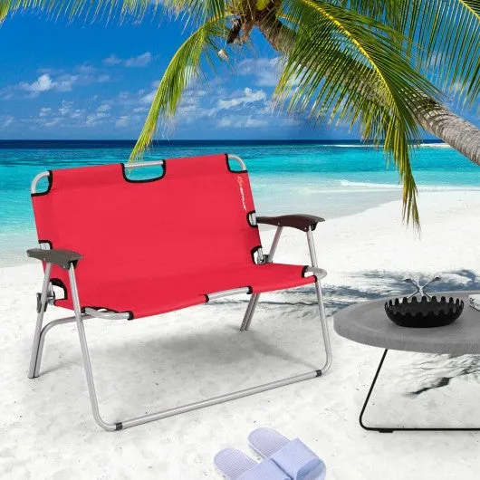 2 Person Folding Camping Bench Portable Double Chair-Red