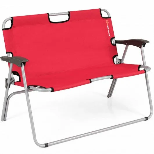 2 Person Folding Camping Bench Portable Double Chair-Red