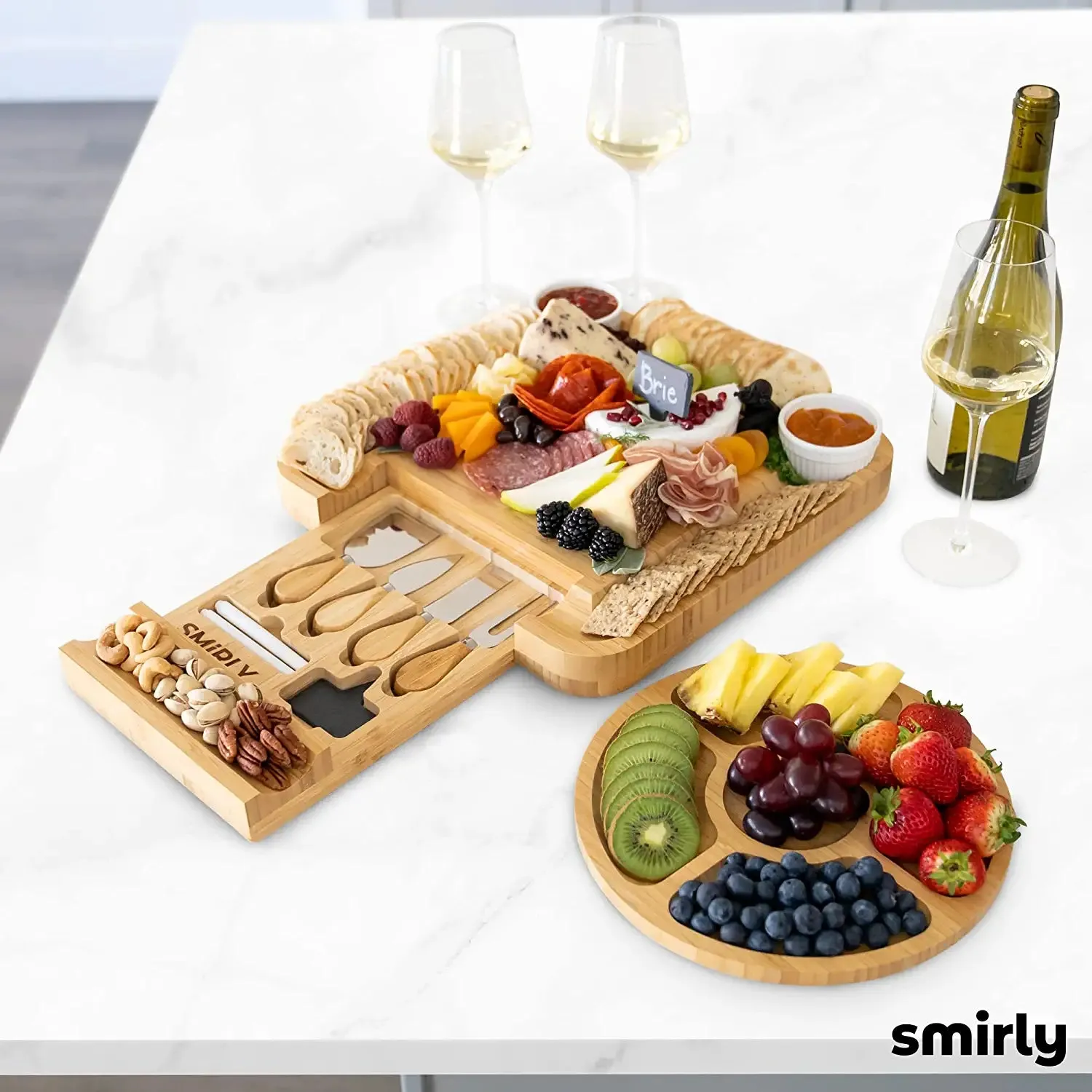 Bamboo Platter and Serving Tray for Wine, Cracker, Brie and Meat