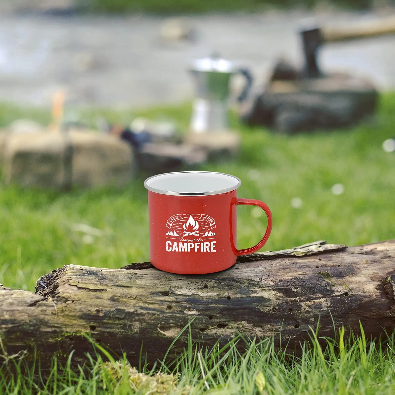 Life is Better Around the Campfire Tin Enamel Camping Coffee Mug (Flannel Red, 16 Ounce)