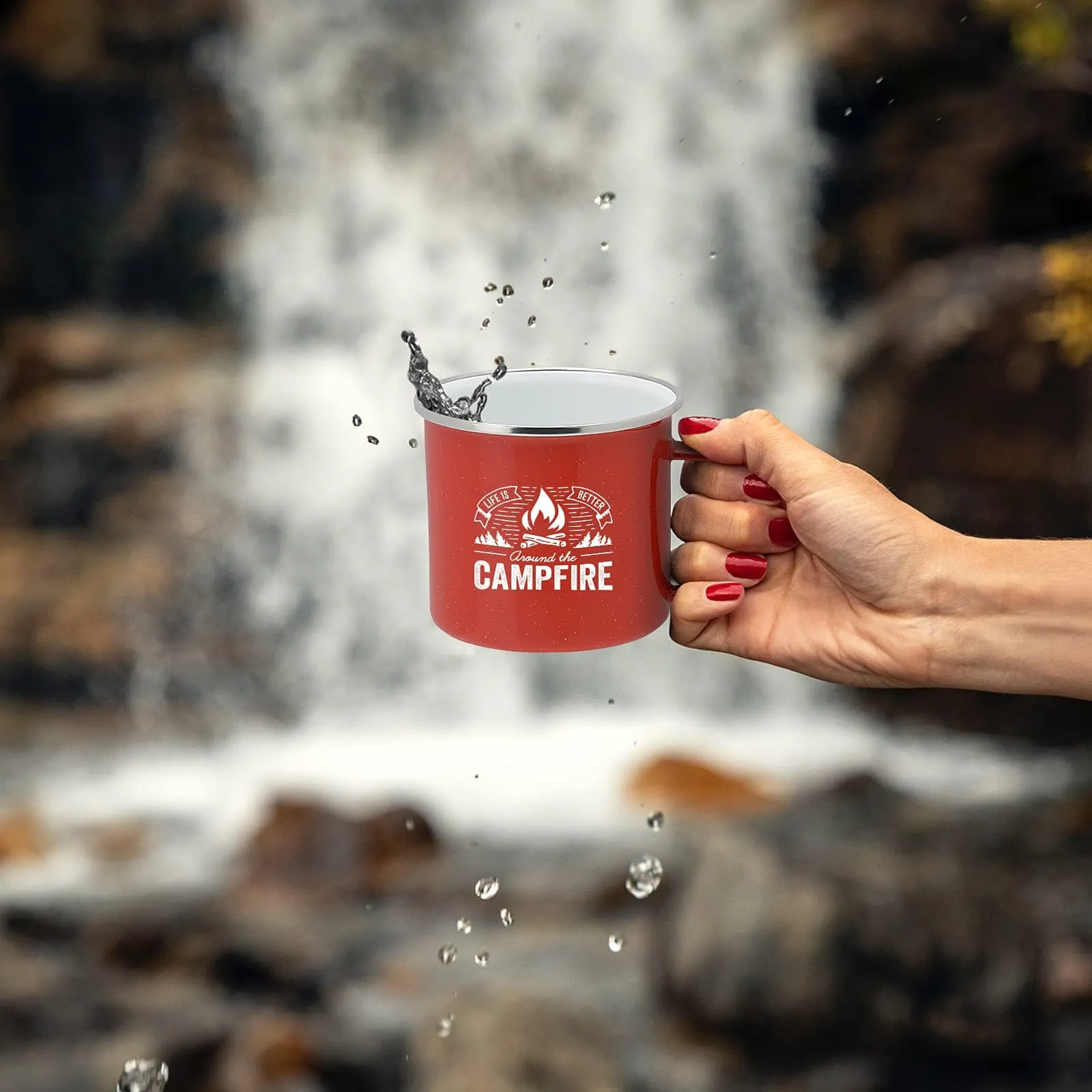 Life is Better Around the Campfire Tin Enamel Camping Coffee Mug (Flannel Red, 16 Ounce)