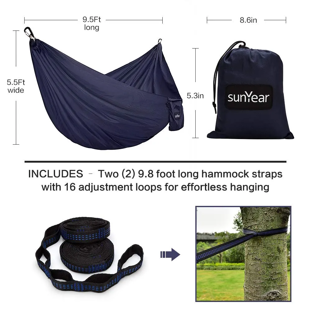 Nylon Camping Hammock with Tree Straps and Carabiner Clips - Sunyear