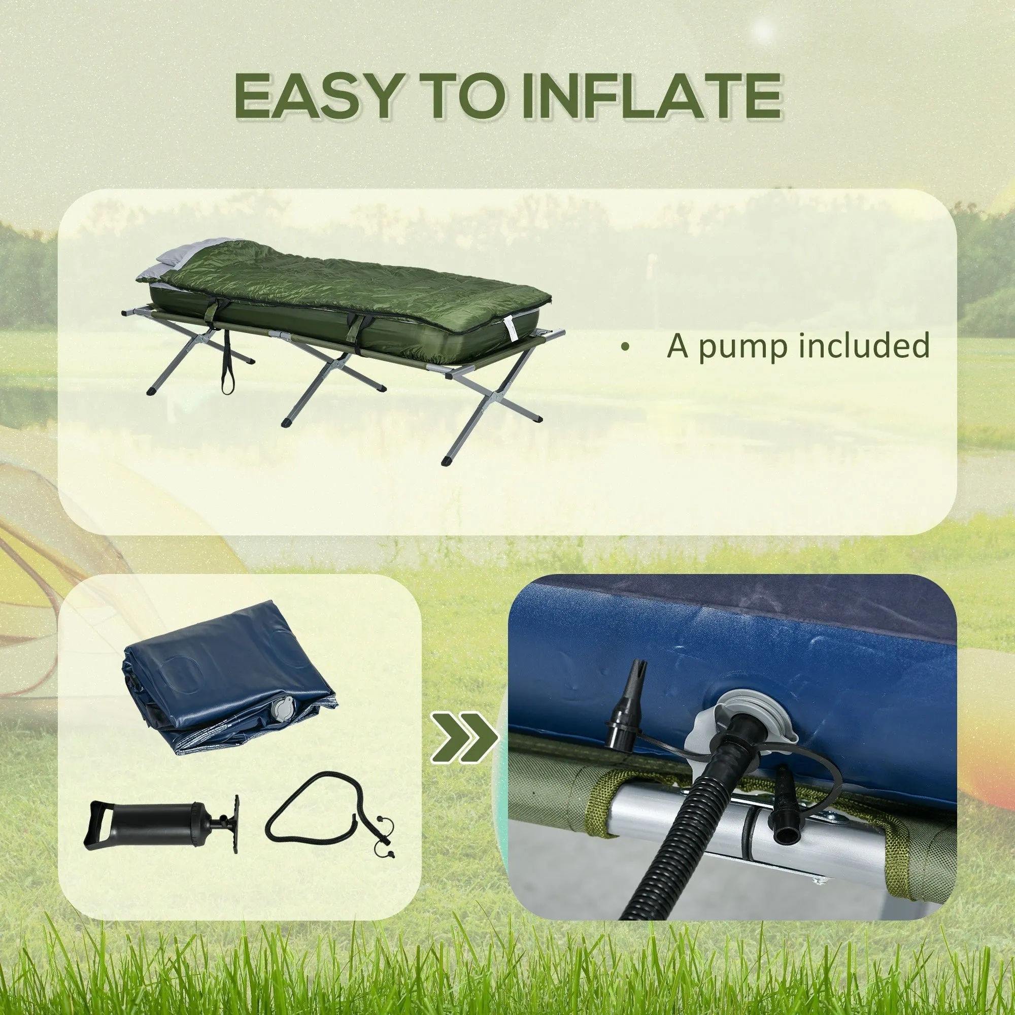 Outsunny Camping Cot, Outdoor Folding Bed Set with Mattress, Sleeping Bag, Pillow, and Carry Bag, Comfortable and Portable, for Travel Camp Beach