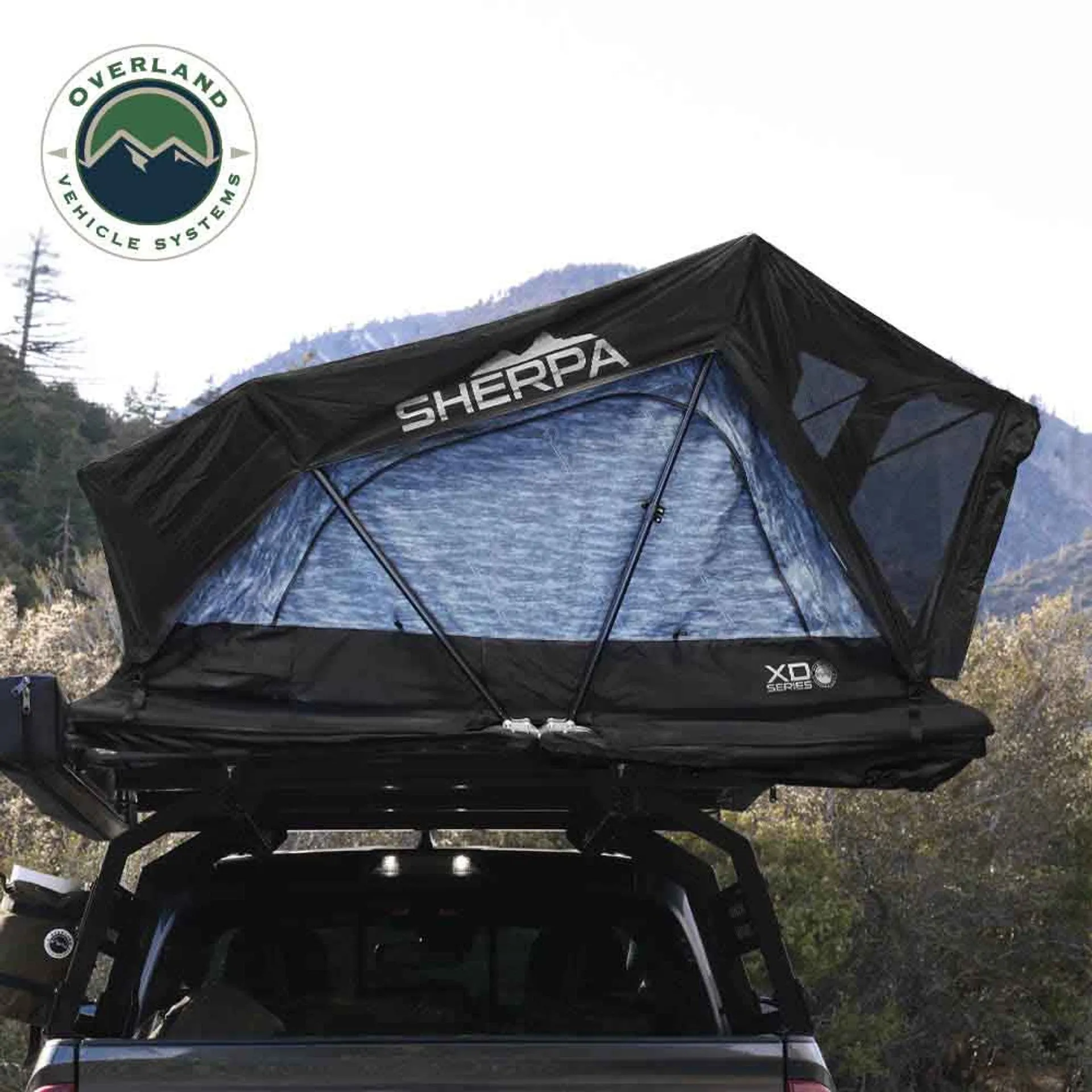 Overland Vehicle Systems XD Sherpa Hybrid Soft Shell Roof Top Tent, Blue Body & Black Rainfly