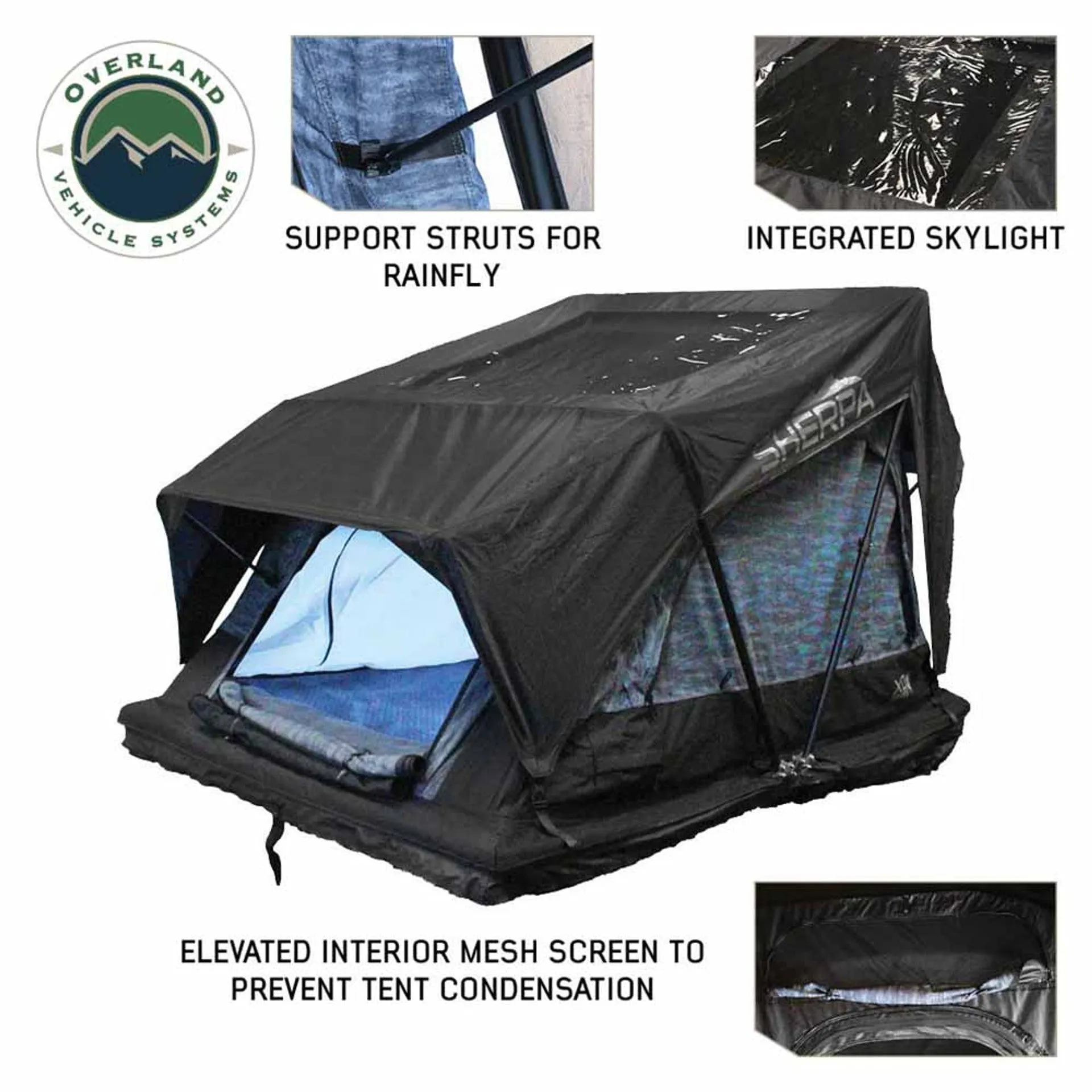 Overland Vehicle Systems XD Sherpa Hybrid Soft Shell Roof Top Tent, Blue Body & Black Rainfly