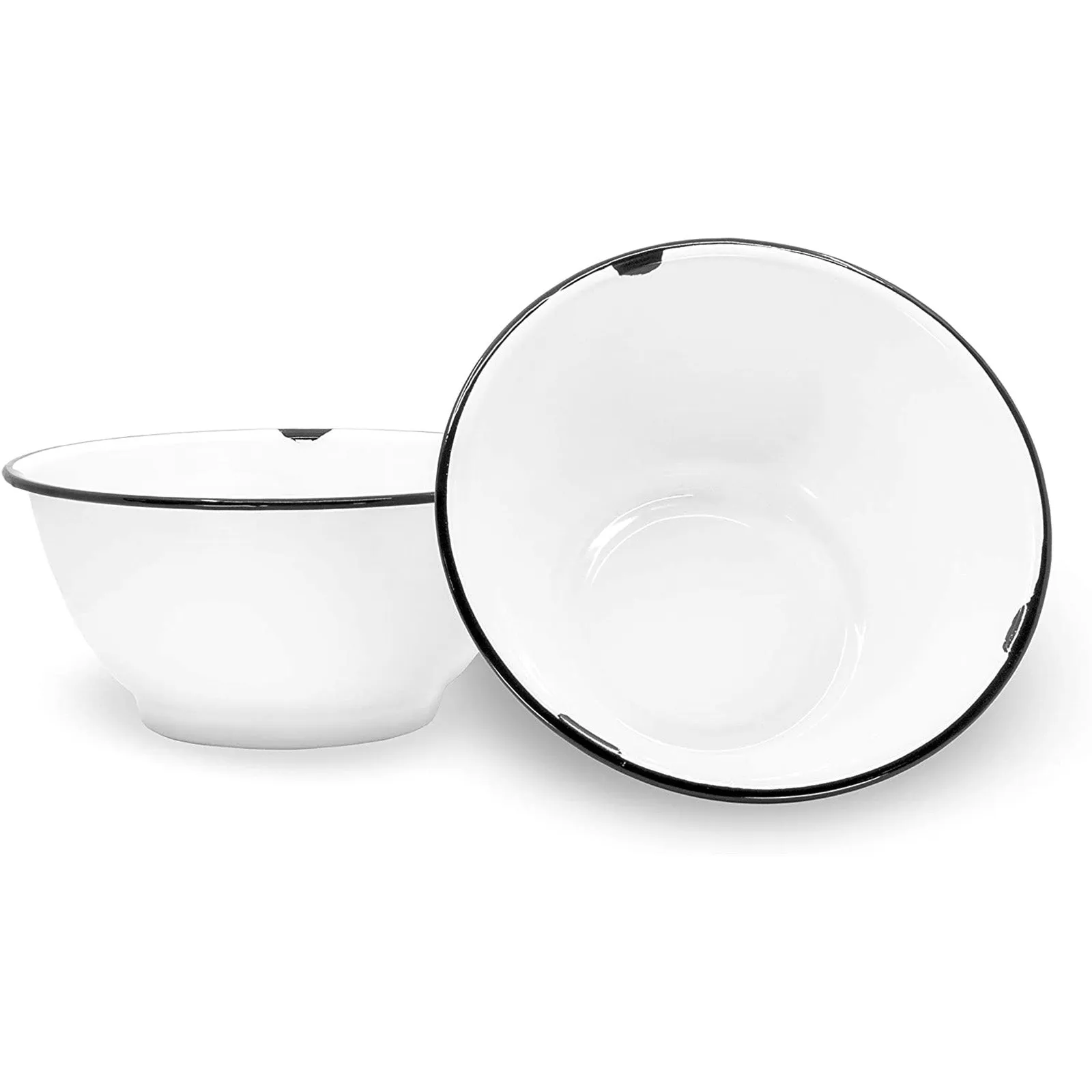 Red Co. Enamelware Large Classic 4 quart Round Salad Serving Bowl, Distressed White/Black Rim - Set of 2