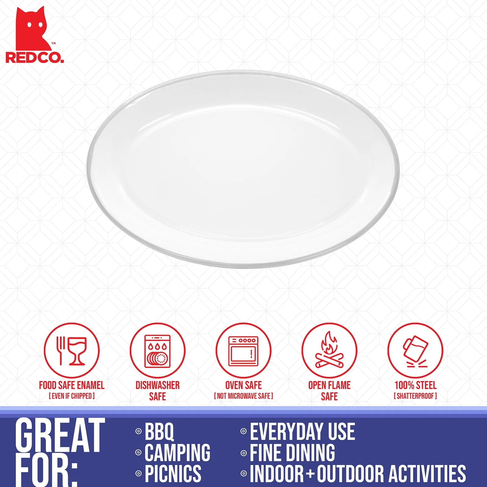 Red Co. Enamelware Metal Classic 13" Serving Oval Tray Platter, Solid White/Colored Rim