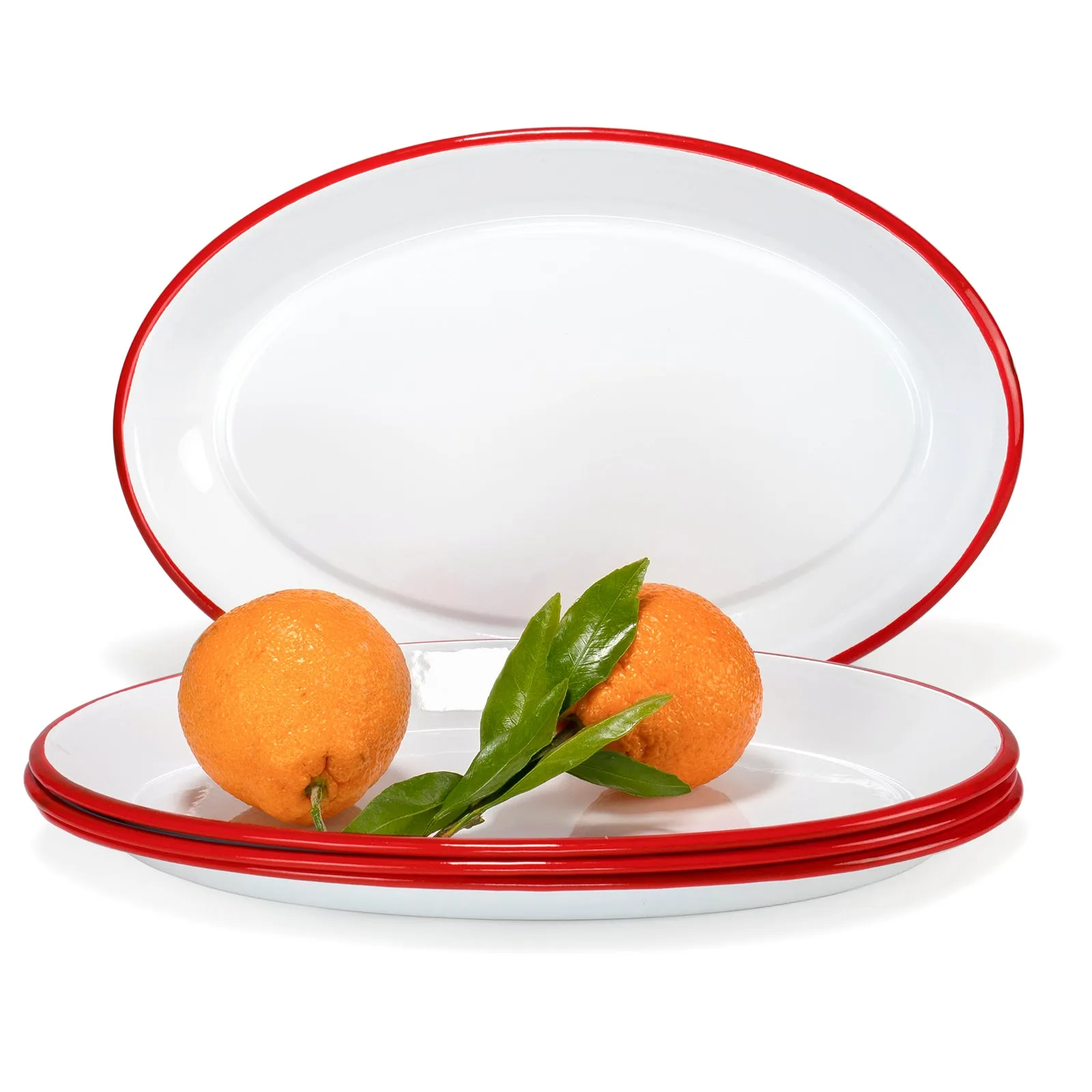 Red Co. Enamelware Metal Classic 13" Serving Oval Tray Platter, Solid White/Colored Rim