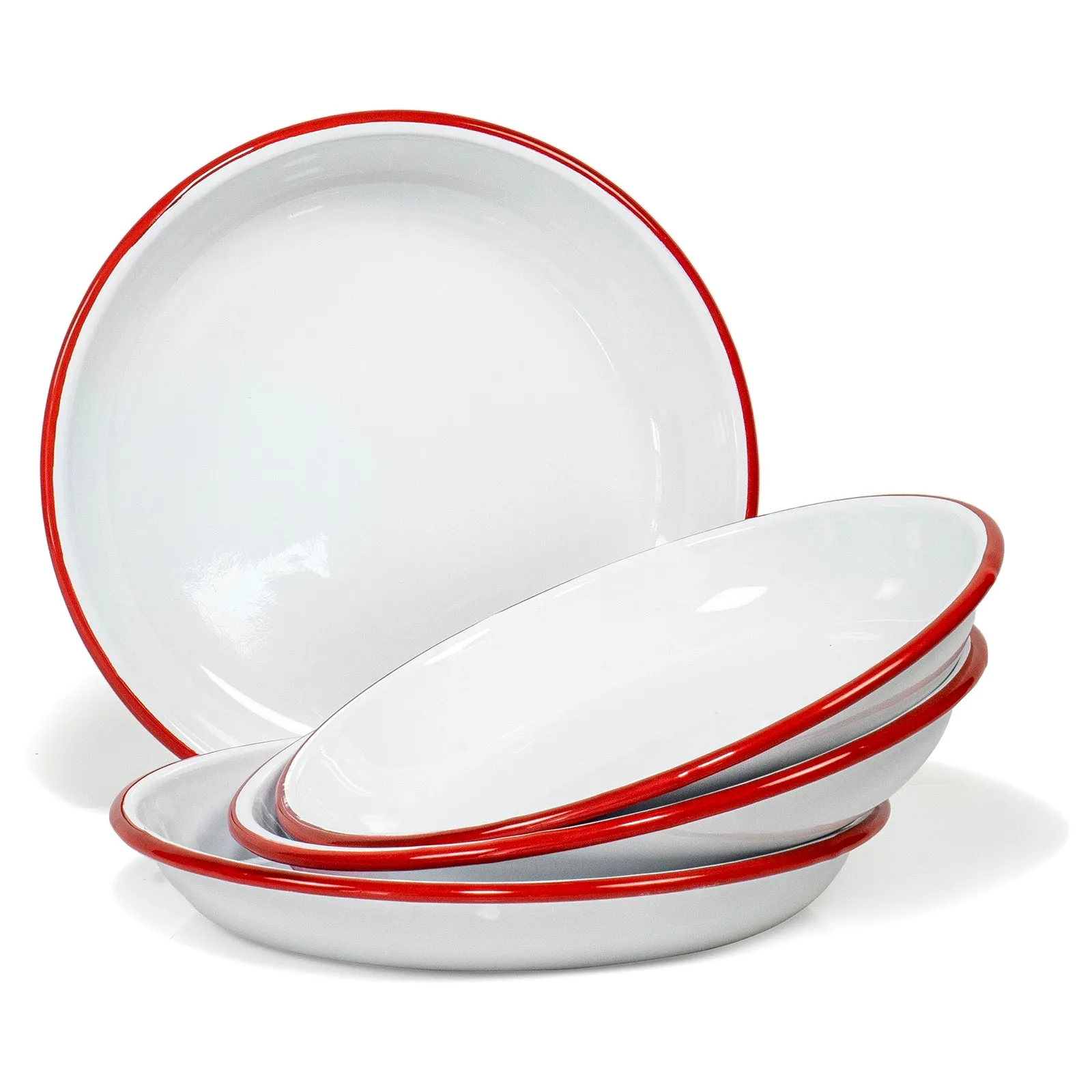 Red Co. Set of 4 Enamelware Metal 10” Round Camping Plates, Solid White/Colored Rim