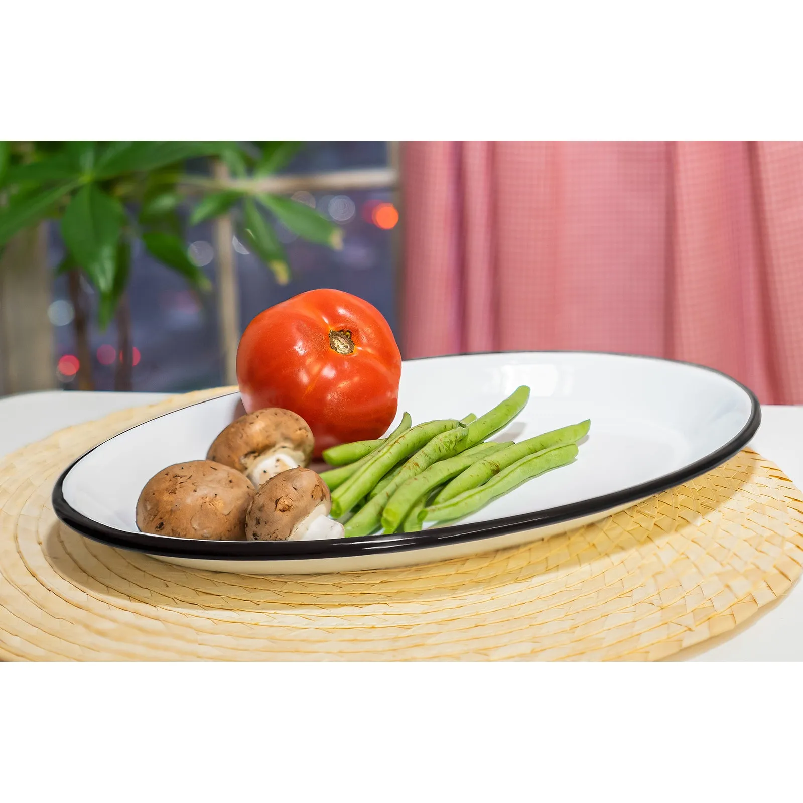 Red Co. Set of 4 Enamelware Metal Classic 13” Serving Oval Tray Platter, Distressed White/Black Rim