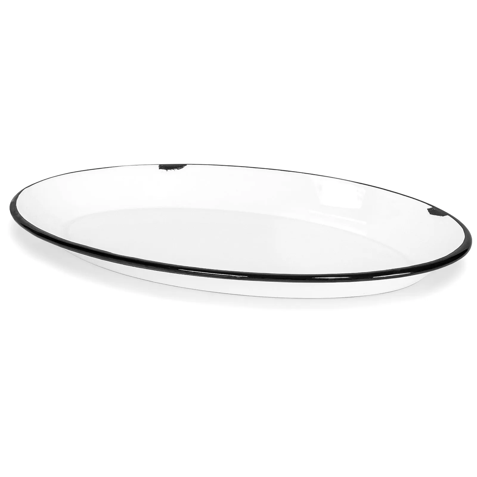 Red Co. Set of 4 Enamelware Metal Classic 13” Serving Oval Tray Platter, Distressed White/Black Rim