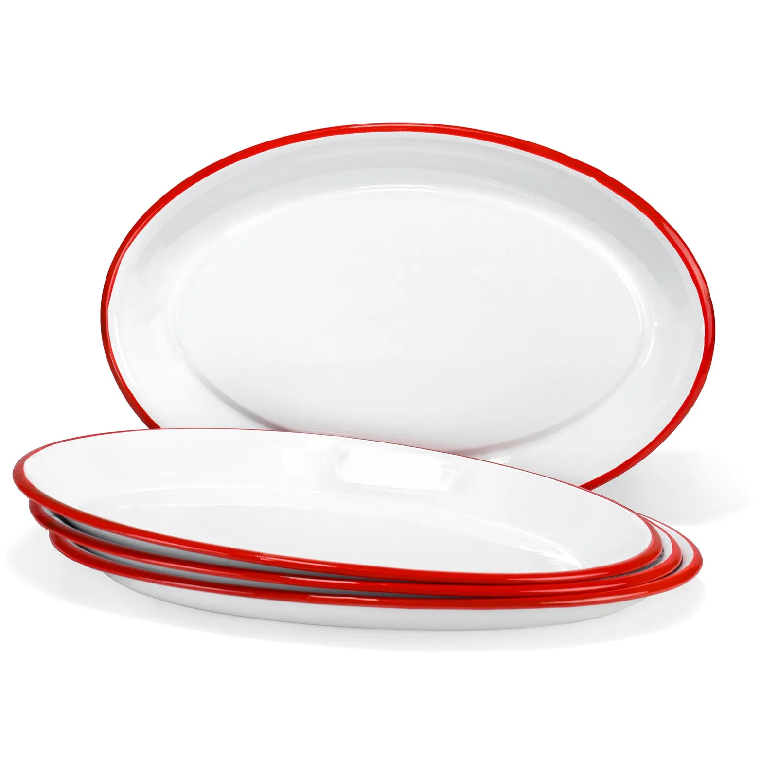 Red Co. Set of 4 Enamelware Metal Classic 13" Serving Oval Tray Platter, Solid White/Colored Rim