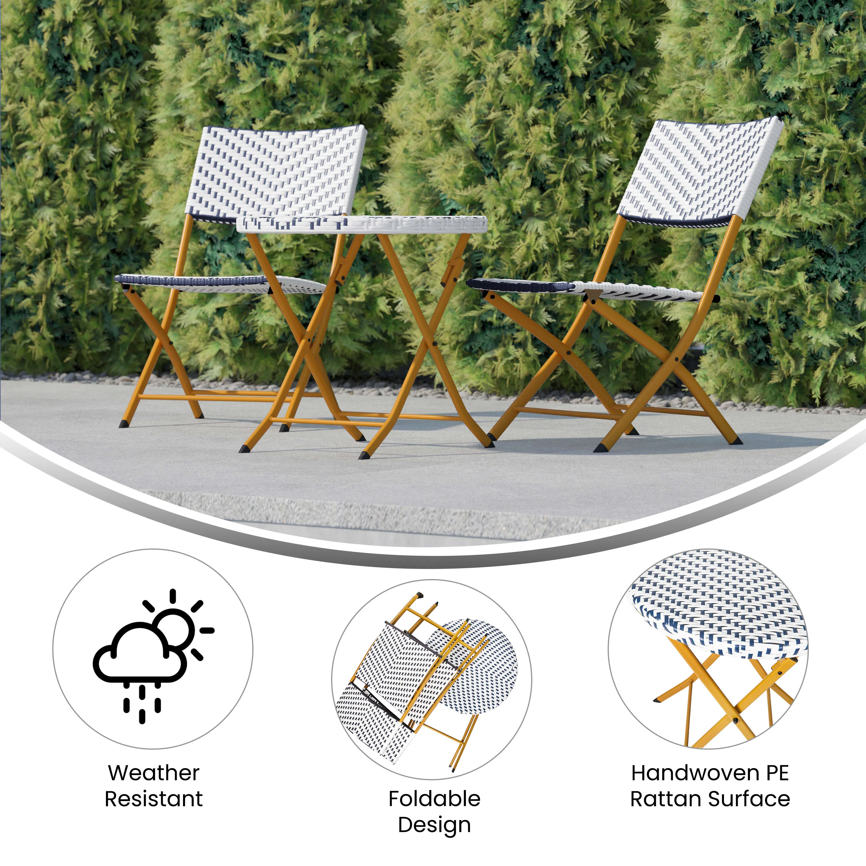 Rouen Three Piece Folding Bistro Set in PE Rattan with Metal Frames for Indoor and Outdoor Use