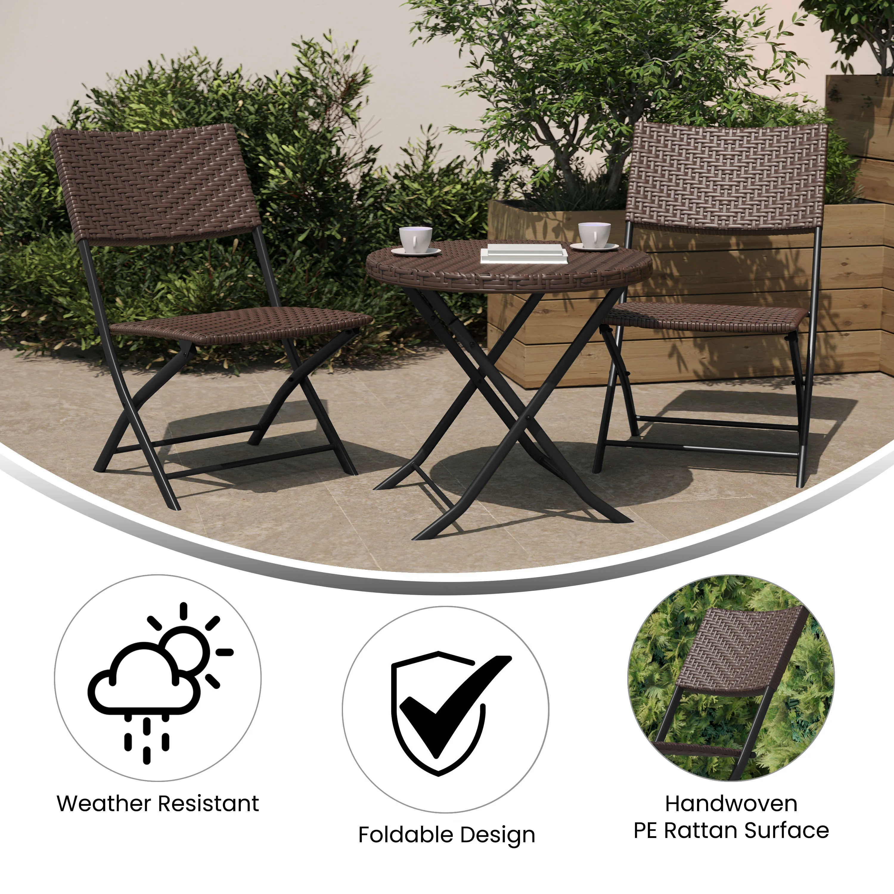 Rouen Three Piece Folding Bistro Set in PE Rattan with Metal Frames for Indoor and Outdoor Use