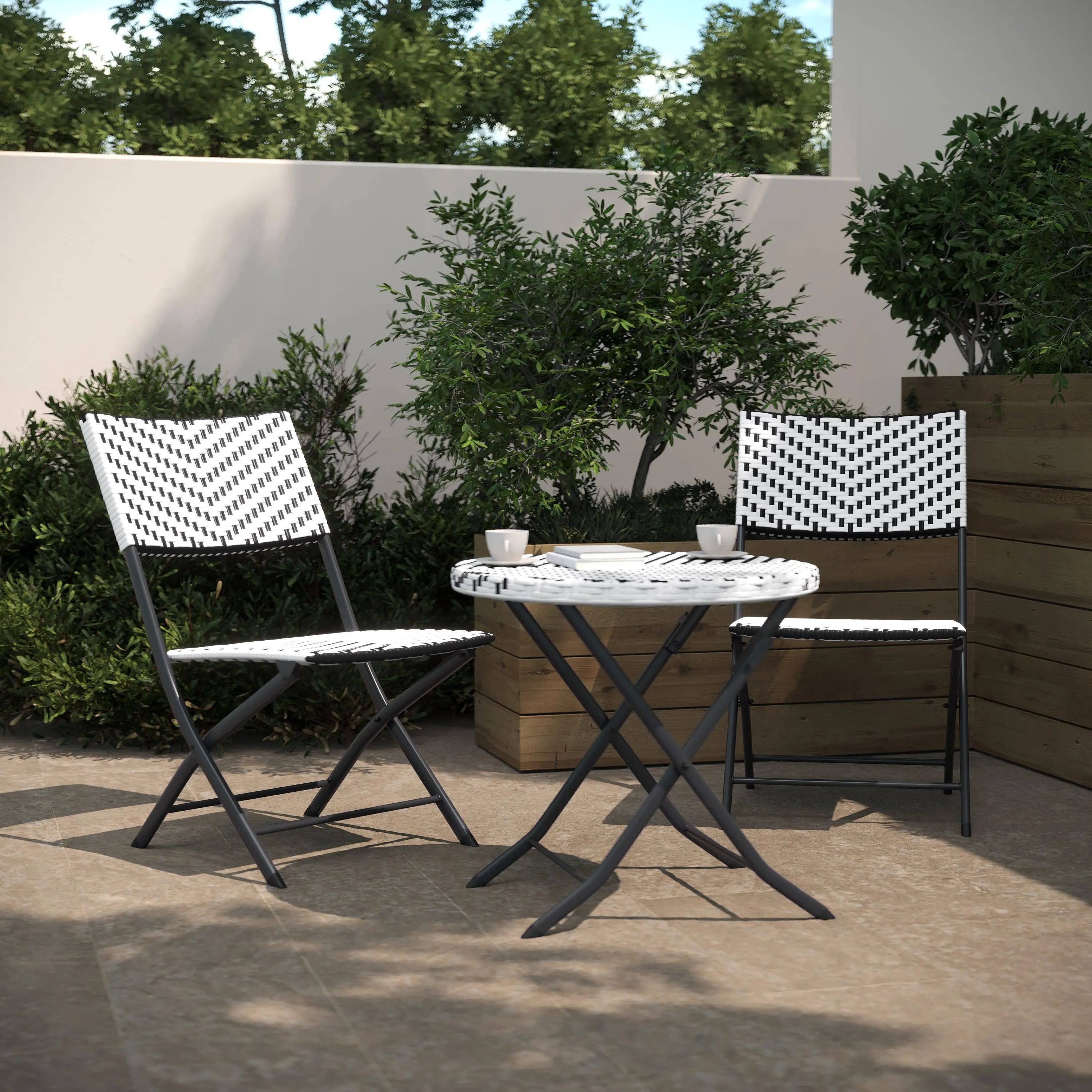 Rouen Three Piece Folding Bistro Set in PE Rattan with Metal Frames for Indoor and Outdoor Use