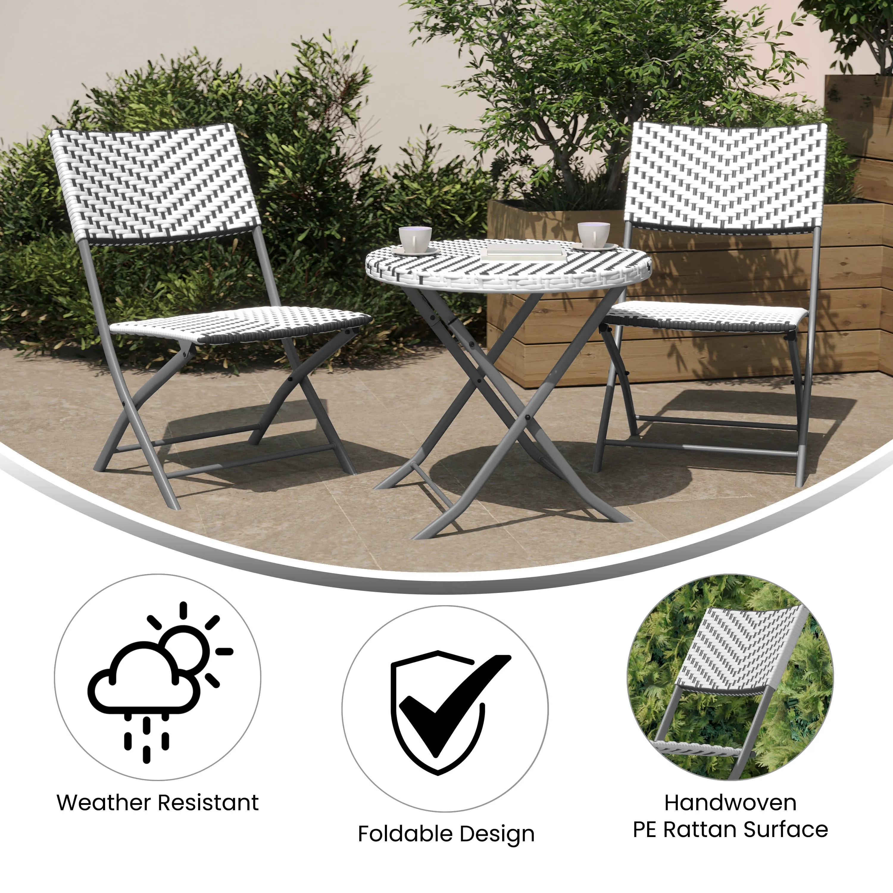 Rouen Three Piece Folding Bistro Set in PE Rattan with Metal Frames for Indoor and Outdoor Use