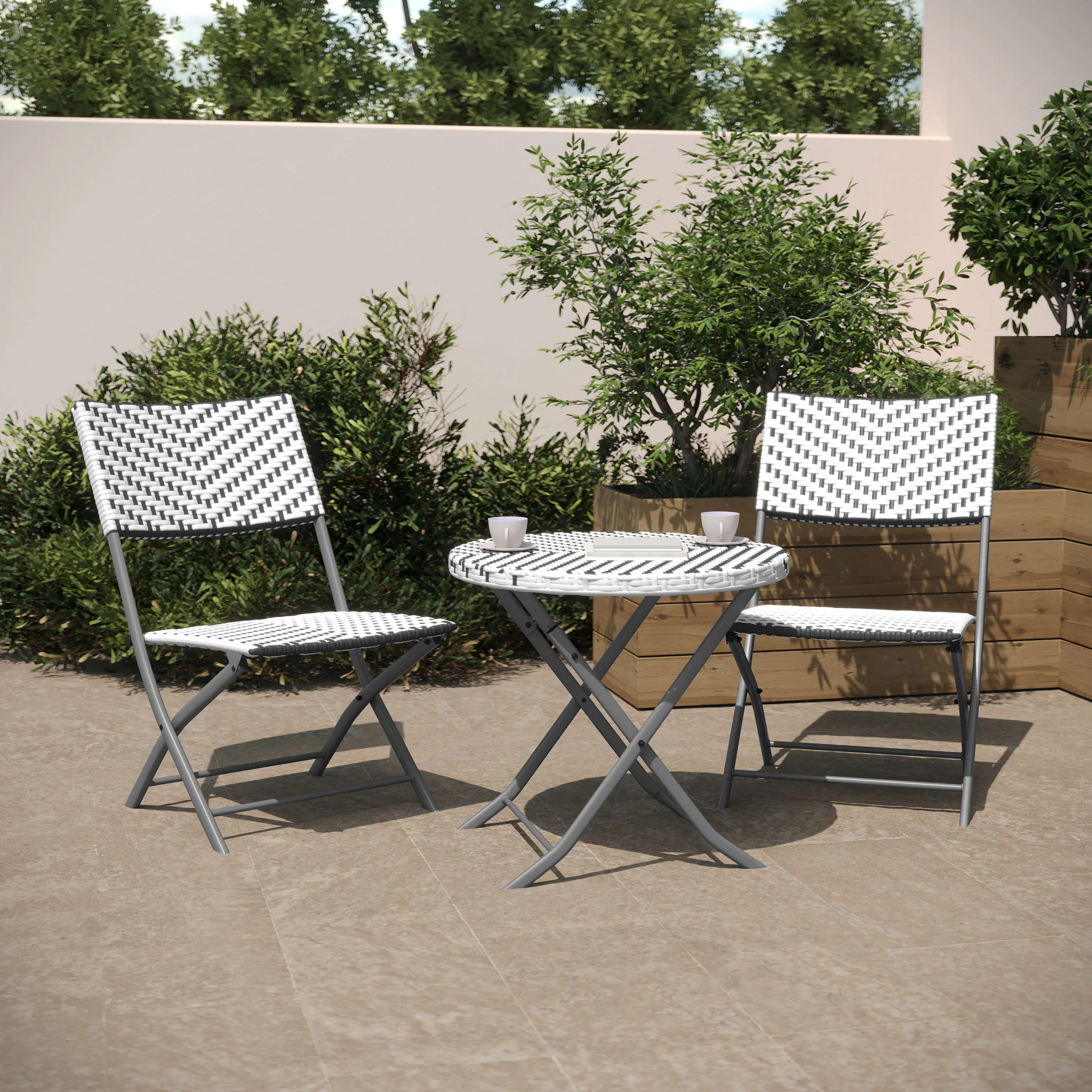 Rouen Three Piece Folding Bistro Set in PE Rattan with Metal Frames for Indoor and Outdoor Use