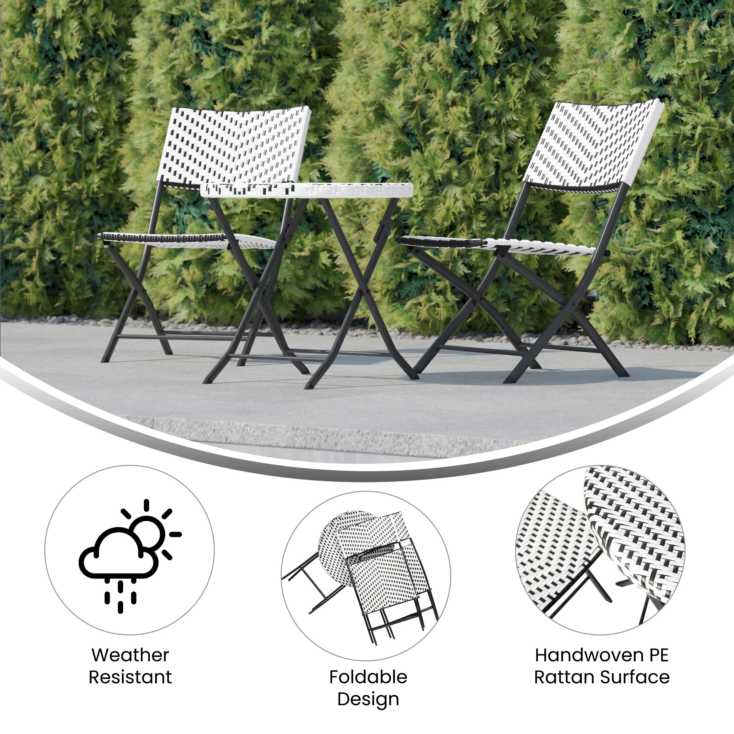 Rouen Three Piece Folding Bistro Set in PE Rattan with Metal Frames for Indoor and Outdoor Use