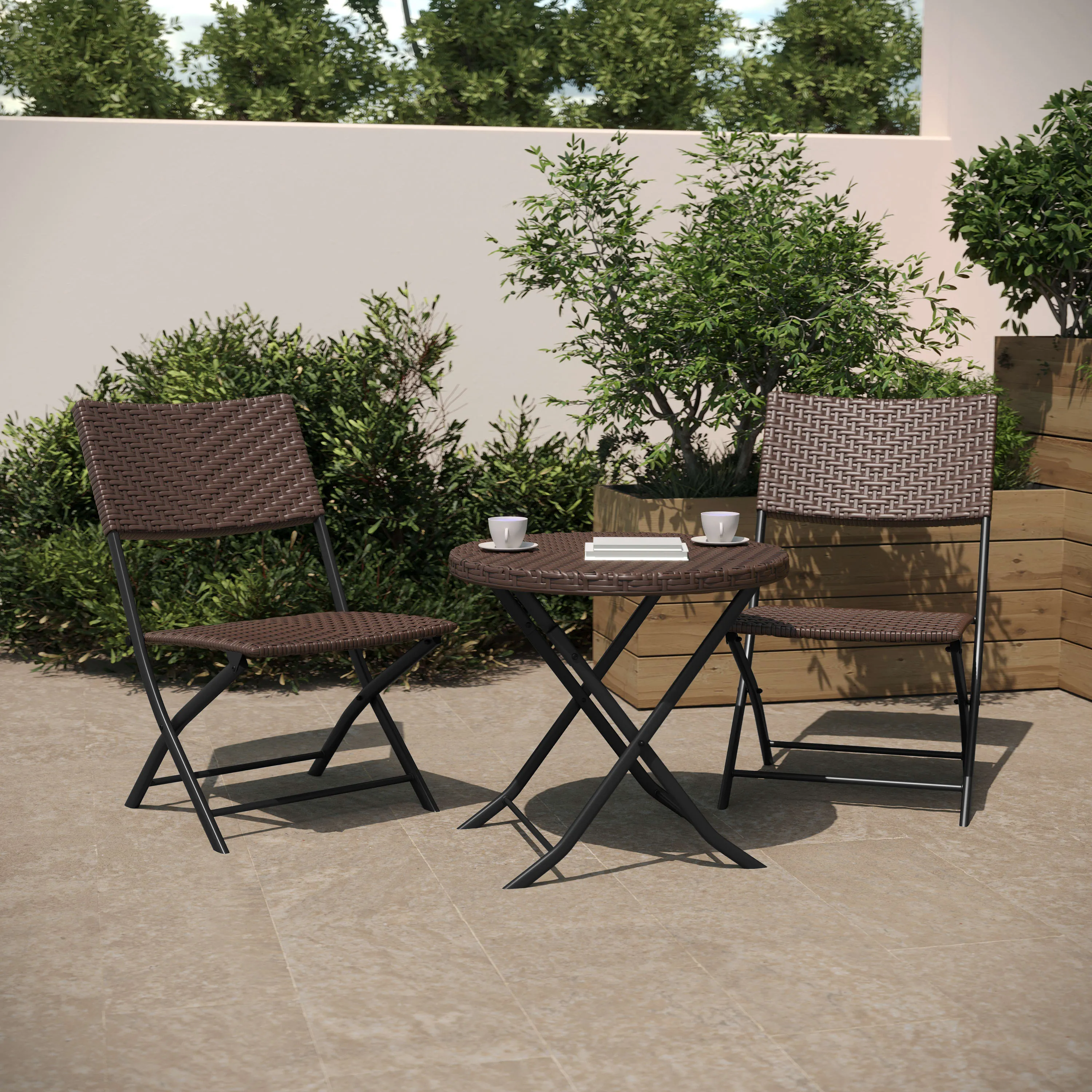 Rouen Three Piece Folding Bistro Set in PE Rattan with Metal Frames for Indoor and Outdoor Use