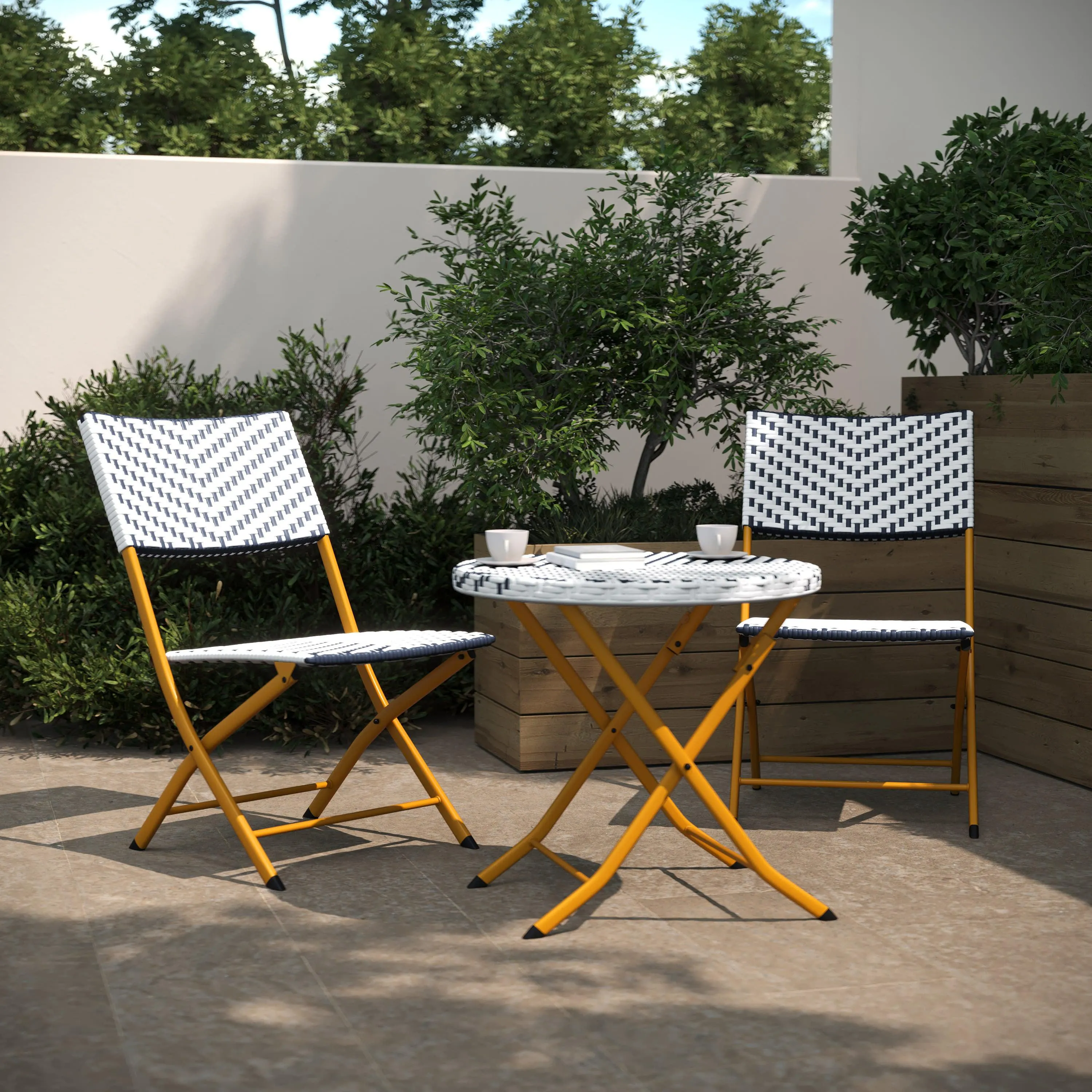 Rouen Three Piece Folding Bistro Set in PE Rattan with Metal Frames for Indoor and Outdoor Use