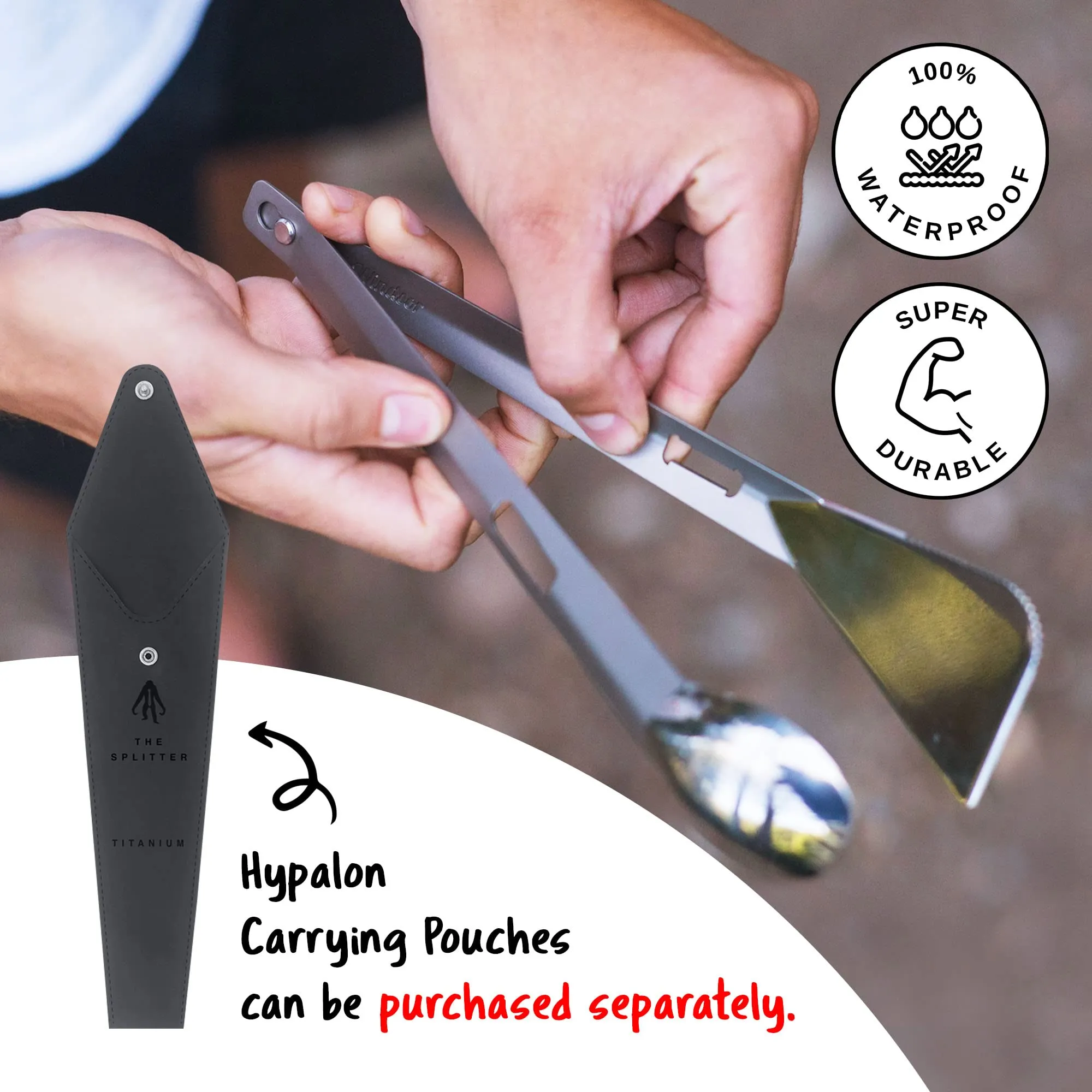 THE SPLITTER Titanium Tongs, Spork and Spatula from Full Windsor - Portable Lightweight Metal Multi Utensil for Camp Kitchen, Backpacking, Travel, Outdoor Cooking, Camping Cookware, No Mess Eating Set