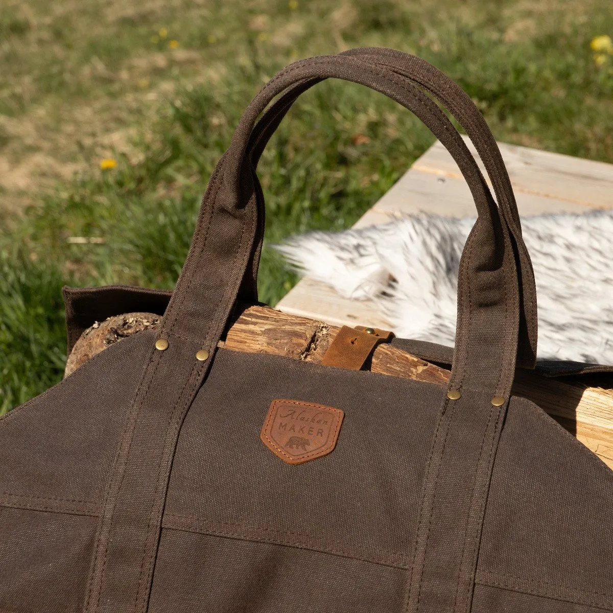 Waxed Canvas & Leather Strap Log Carrier