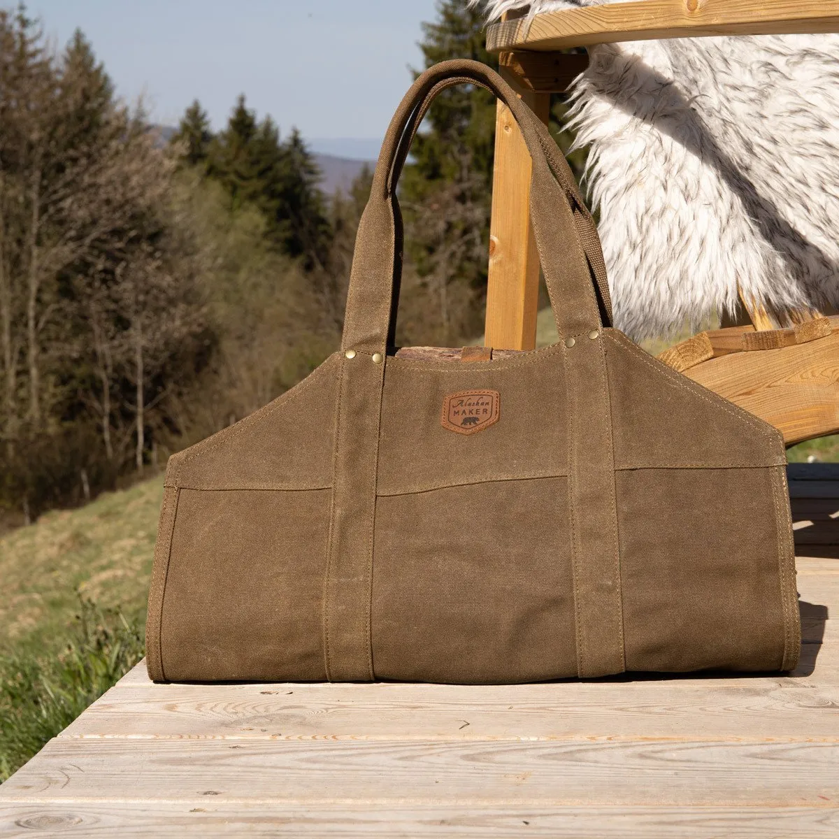 Waxed Canvas & Leather Strap Log Carrier